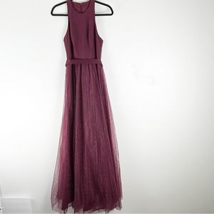 WHITE By VERA WANG Wine Color High Neck Textured Tulle Skirt Maxi Dress Size 0